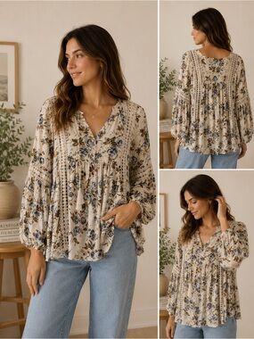 American Eagle Floral Boho Babydoll Tunic Top Cream Blue XS